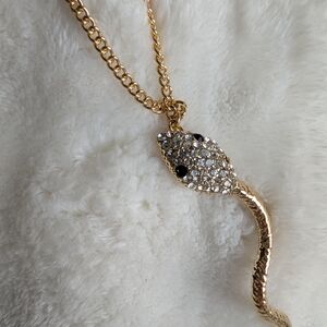Gold Tone Snake Pendant Necklace Rhinestone Pave Head Tassel Drop Statement